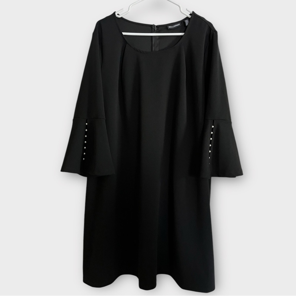 Nina Leonard NWT DRESS Midi‎ Length 3X Plus Size BLACK Ivory Pearl Accent Sleeve